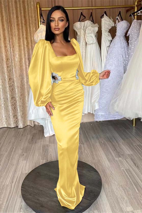 Glamorous Long Puff Sleeves Square Pleated Mermaid Prom Dress With Appliques