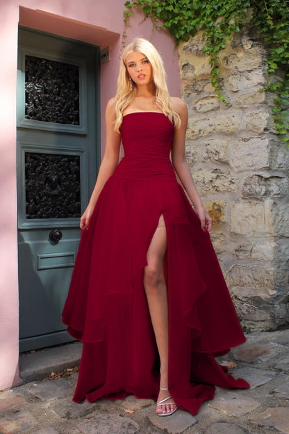 Chiffon Strapless Sleeveless High Waist Long Prom Dress