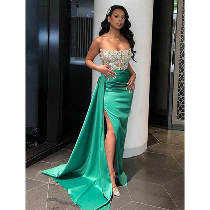 Fitted Strapless Beaded Sheeer Satin Pleats Train Long Formal Evening Dress