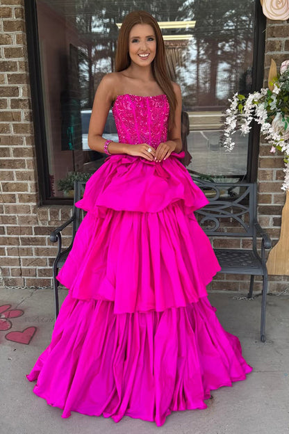Fuchsia A Line Strapless Satin Prom Dress with Beading