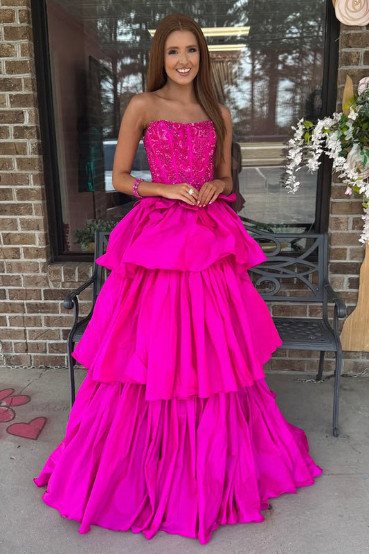 Fuchsia A Line Strapless Satin Prom Dress with Beading