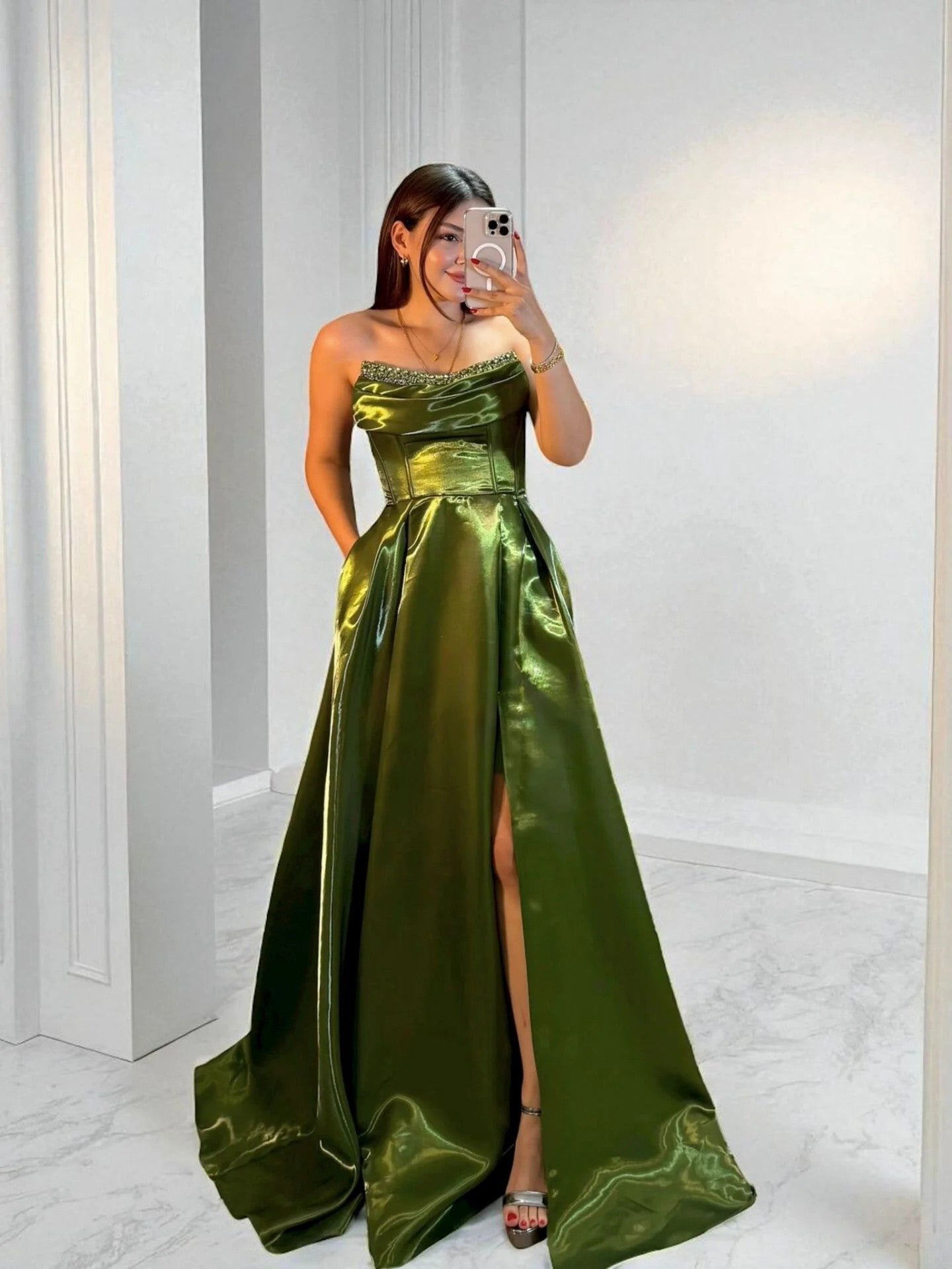 Shiny Satin Beaded Corset Formal Evening Gown