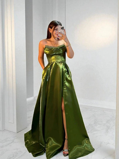 Shiny Satin Beaded Corset Formal Evening Gown