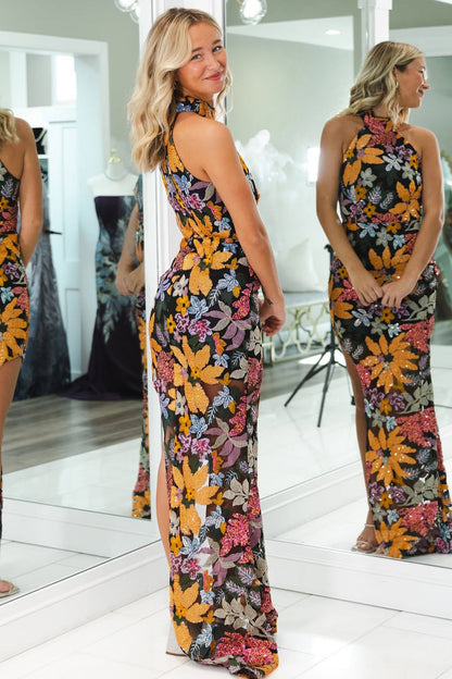 Cute Mermaid Halter Lace Sequins Long Prom Dress with Slit