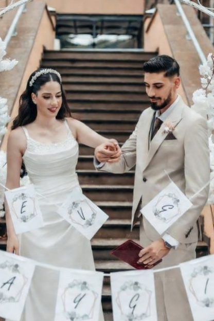 Romantic A-Line Spaghetti Strap Square Sleeveless Satin Wedding Dress