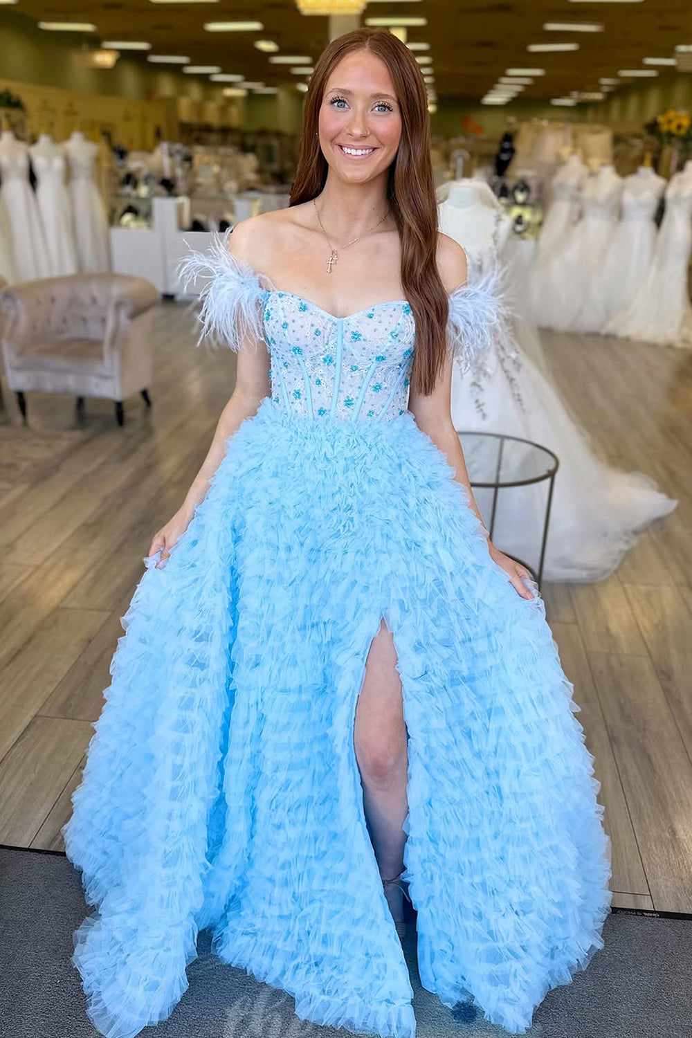 A-Line Off the Shoulder Light Blue Tulle Long Prom Dress