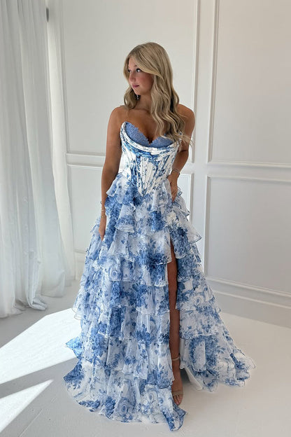 A Line Sweetheart Floral Chiffon Tiered Prom Dress with Slit