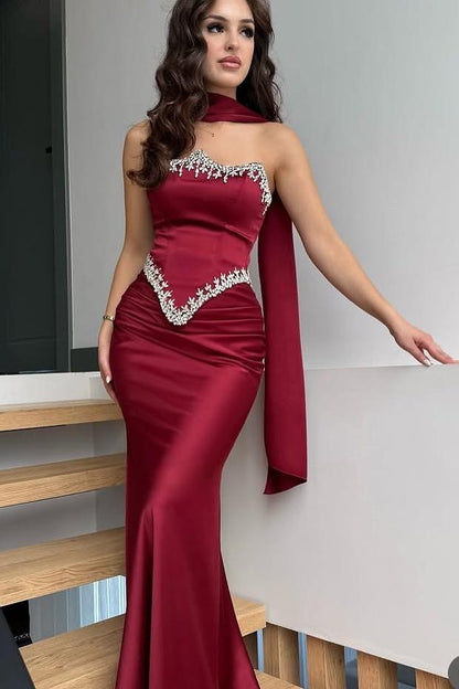 Strapless Sleeveless Long Mermaid Pleated Prom Dress With Ruffles And Appliques