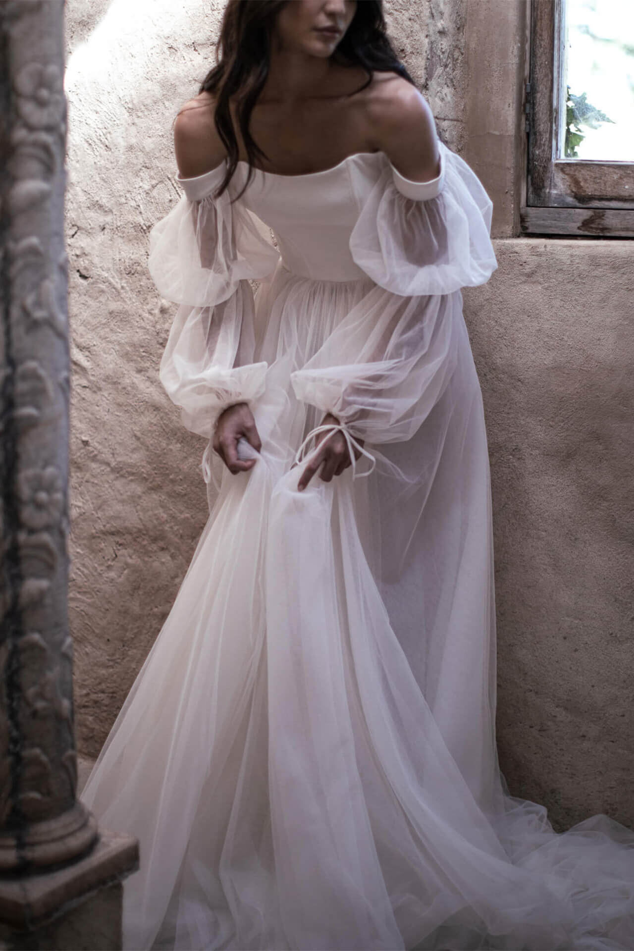 Off-Shoulder Long-Puff-Sleeves Tulle Floor-Length Wedding Dress