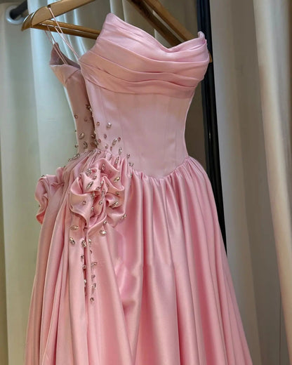 Pink Crystal Strapless High Slit Elegant Evening Dress