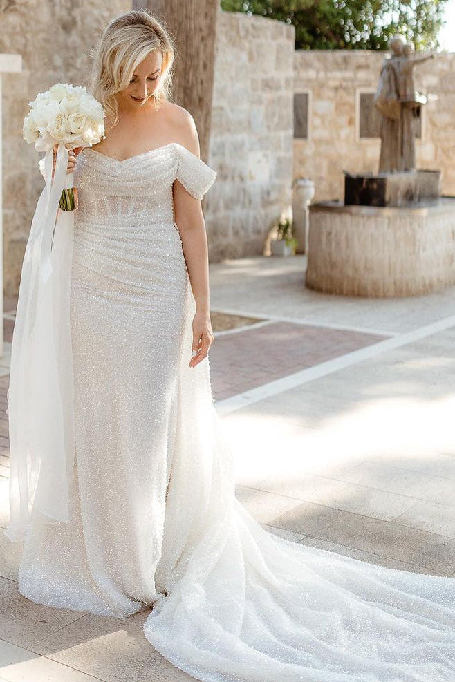 Sparkly Sheath Off the Shoulder Sequins Wedding Dress