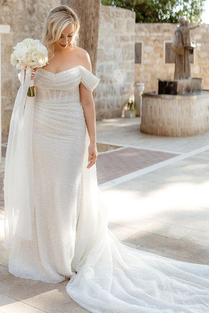 Sparkly Sheath Off the Shoulder Sequins Wedding Dress