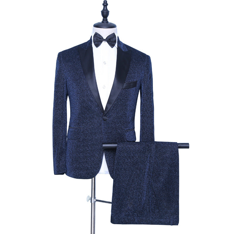 Morden Sparkly Wedding Suit For Groom Dark Navy Wedding With Peaked Lapel Party