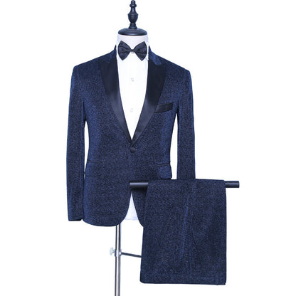 Morden Sparkly Wedding Suit For Groom Dark Navy Wedding With Peaked Lapel Party