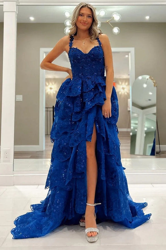 Blue Sweetheart Tulle Evening Gown with Sequin Tiered Ruffles
