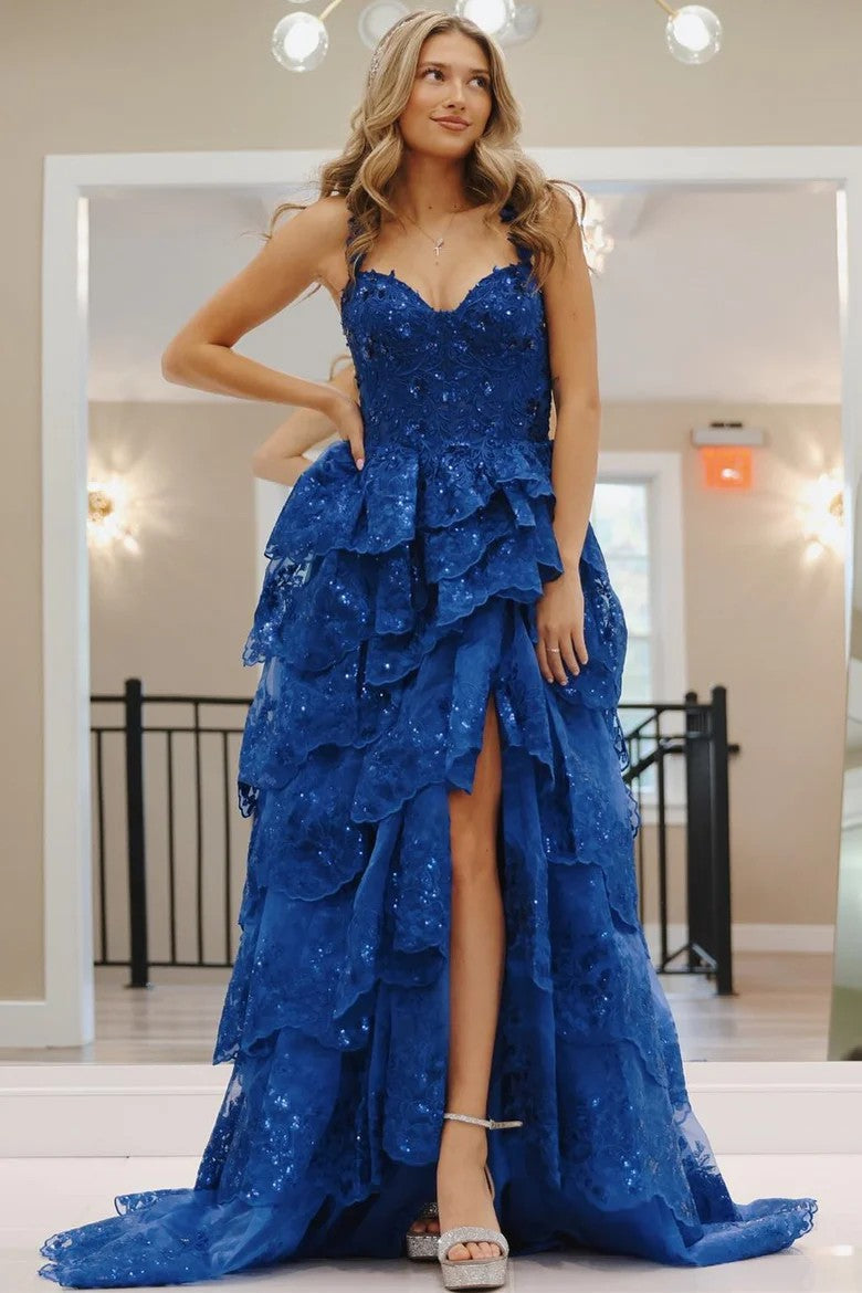 Blue Sweetheart Tulle Evening Gown with Sequin Tiered Ruffles