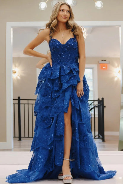 Blue Sweetheart Tulle Evening Gown with Sequin Tiered Ruffles