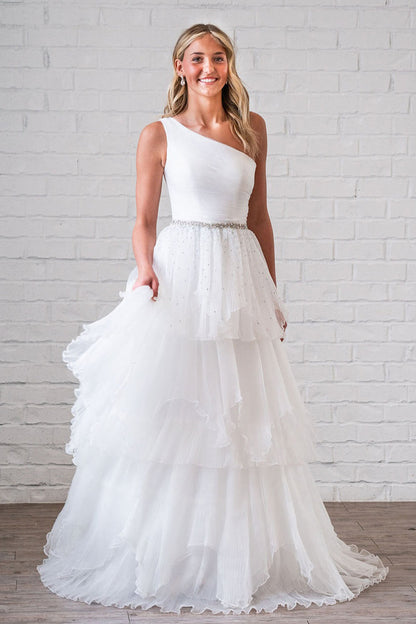 White Ruffle Tiered Tulle Wedding Dress