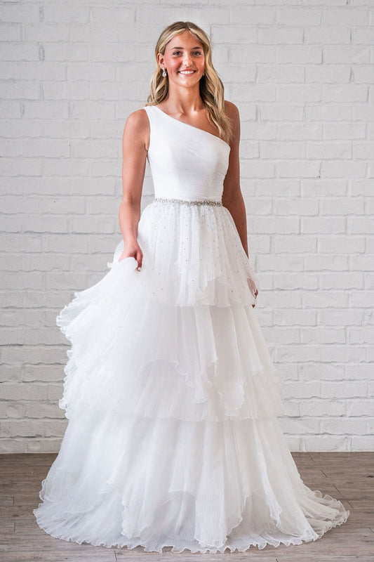 White Ruffle Tiered Tulle Wedding Dress