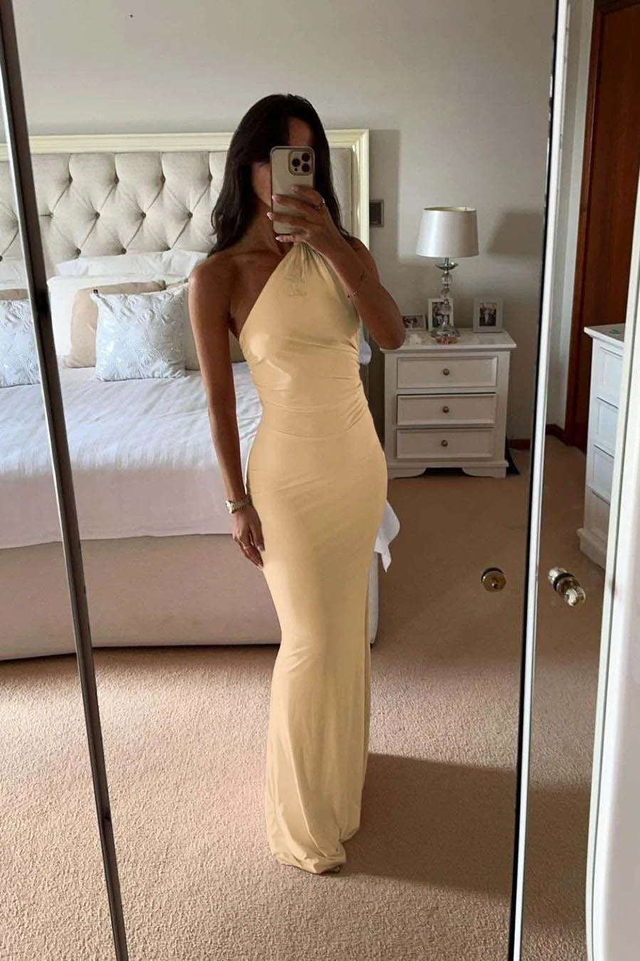 Pink One-Shoulder Slim Fit Prom Dress