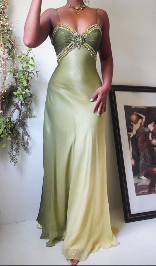 Vintage Mermaid Spaghetti Straps Ombre Green Chiffon Formal Dress
