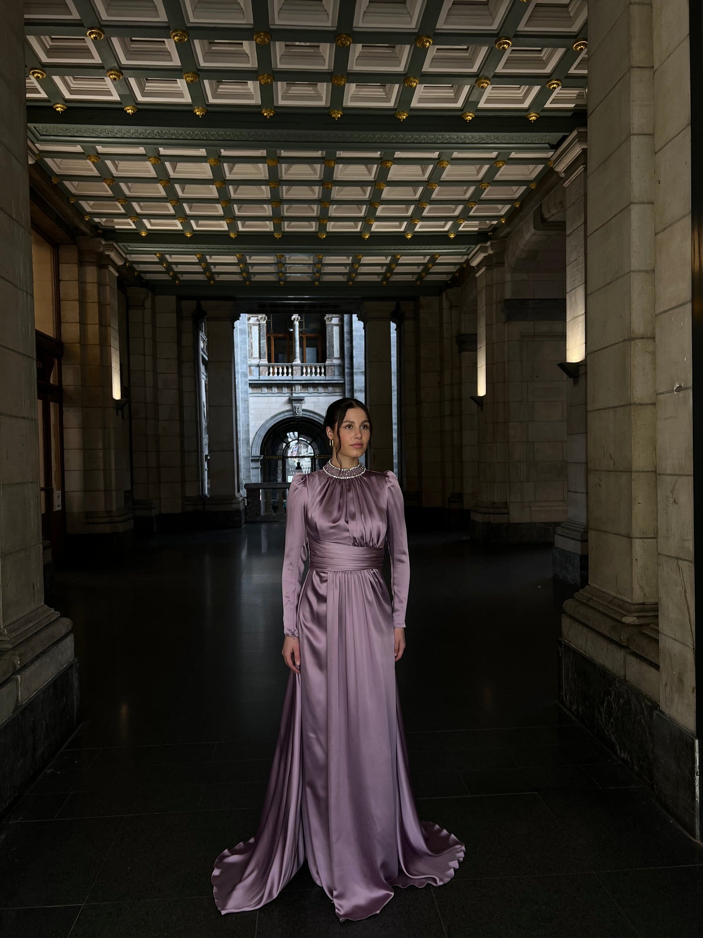 Violet Beaded Neckline Long Sleeves Ruched A-Line Evening Gown