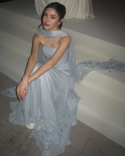 Light Blue Pleated Strapless Chiffon Elegant Prom Dress