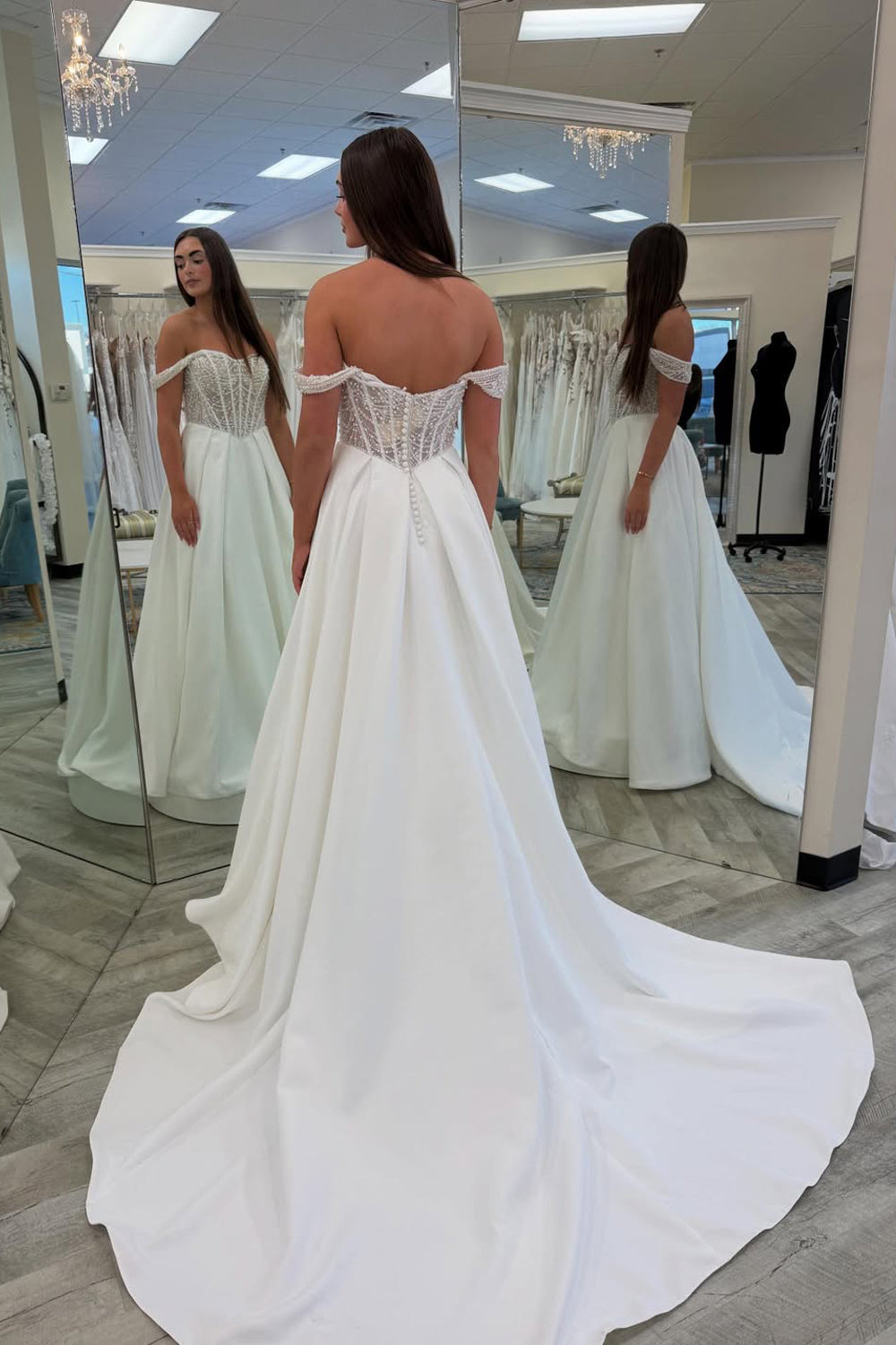 Gorgeous A Line Off the Shoulder White Satin Wedding Dress