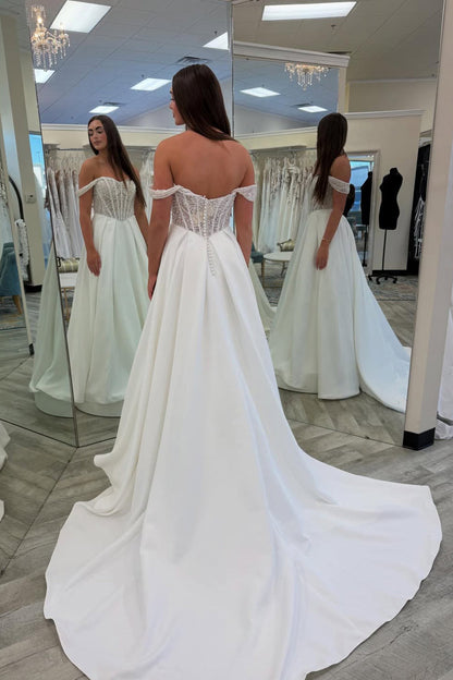 Gorgeous A Line Off the Shoulder White Satin Wedding Dress