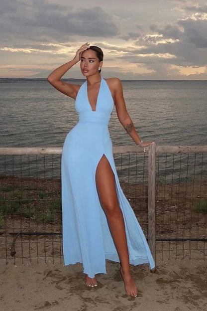 Glamorous Sky Blue Chiffon Summer Halter Split Prom Dress