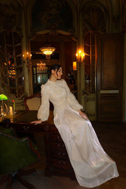 Beige High Neck Long Sleeves Beaded Floral Sheath Formal Evening Dress