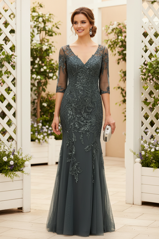 Elegant V-Neck 3/4 Sleeve Sequined Lace Mermaid Gown
