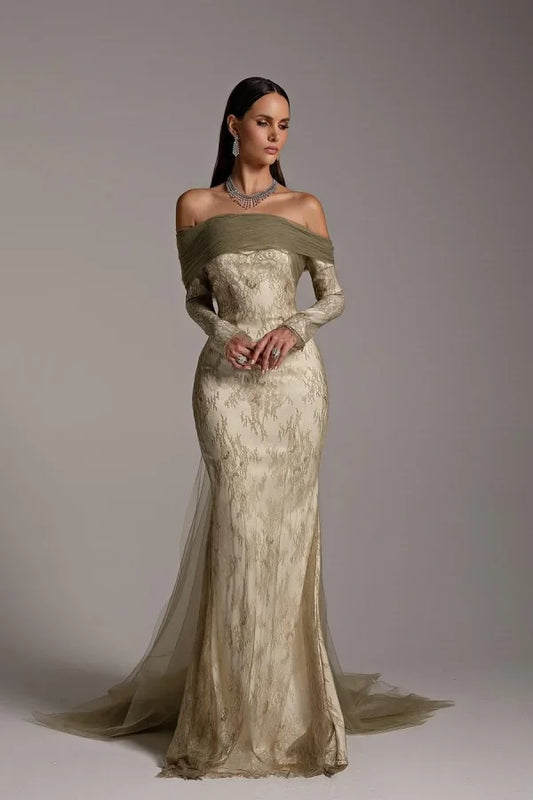 Green Tulle Strapless White Lining Long Sleeves Sheath Prom Dress