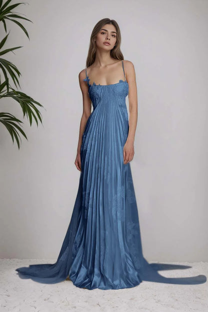 Stunning Spaghetti-Straps Pleated Sheath Appliques Prom Dress With Detachable Train