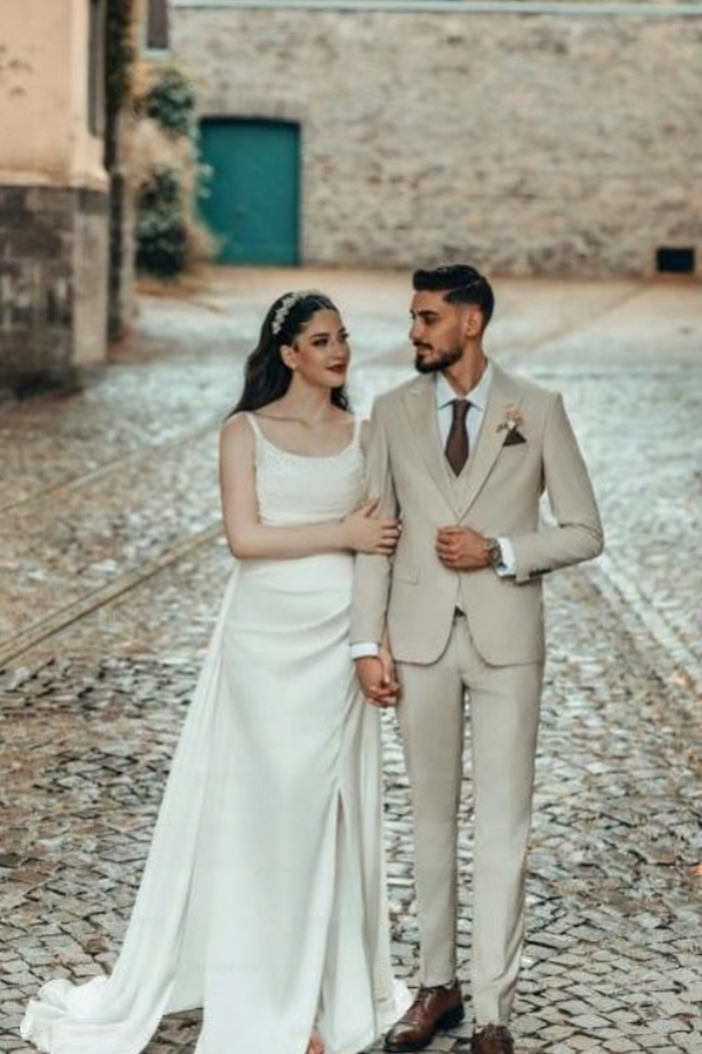 Romantic A-Line Spaghetti Strap Square Sleeveless Satin Wedding Dress