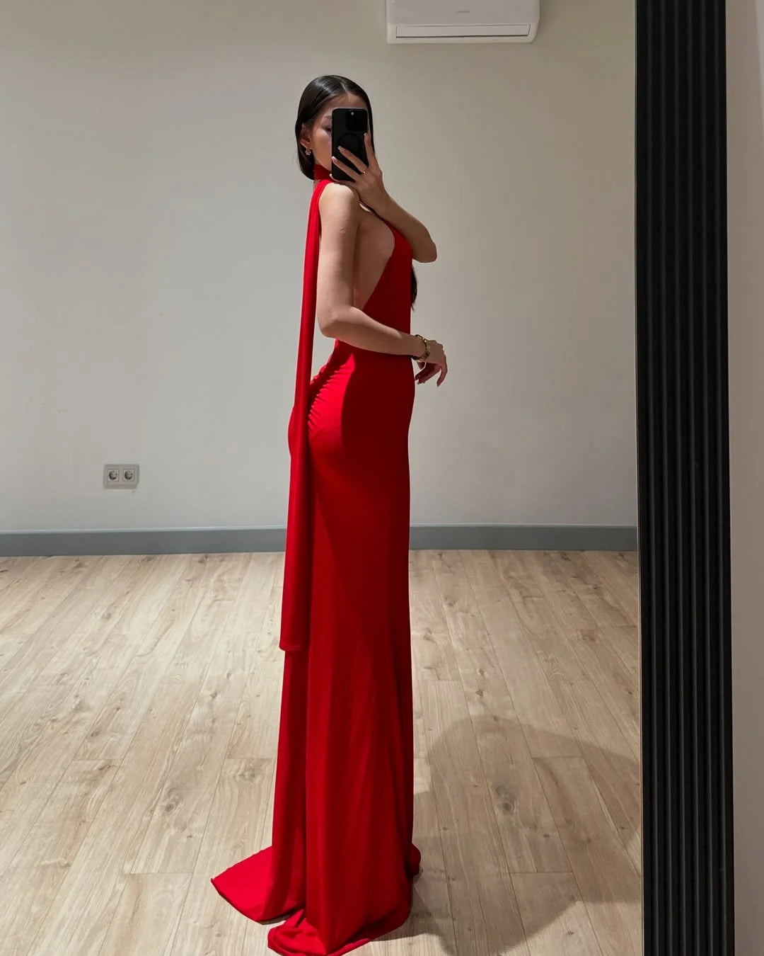 Red Halter Slim Fit Backless Prom Dress