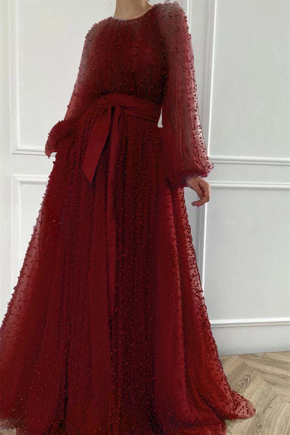 Long Sleeves Long Jewel Neck Prom Dress With Pleated Beading