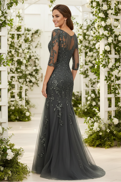 Elegant V-Neck 3/4 Sleeve Sequined Lace Mermaid Gown