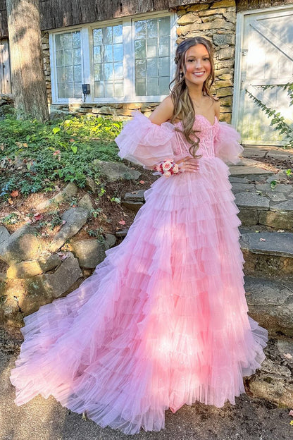Fairy A Line V Neck Pink Tulle Long Prom Dresses with Appliques