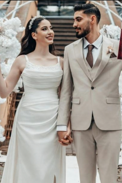 Romantic A-Line Spaghetti Strap Square Sleeveless Satin Wedding Dress