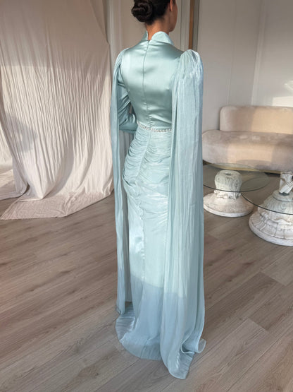 Turquoise High Neck Long Sleeves Ruched Beaded Back Zipper Evening Dress