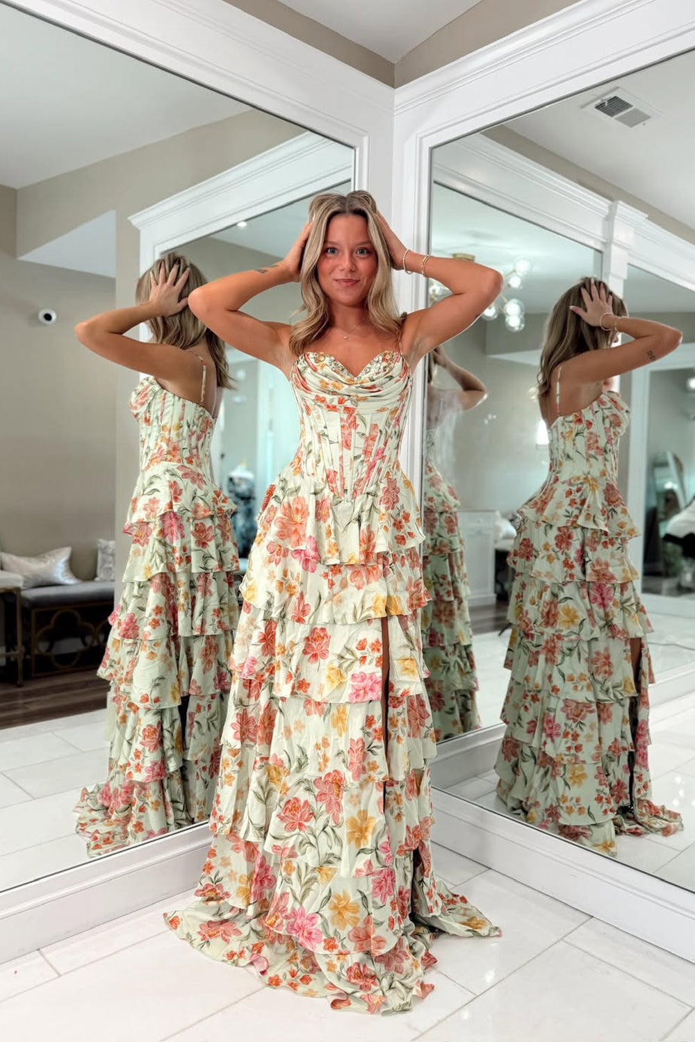 Fashion A Line Sweetheart Floral Chiffon Prom Dress with Slit