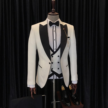 Fashion Style White Three Pieces Wedding Men suits With Black Peaked Lapel