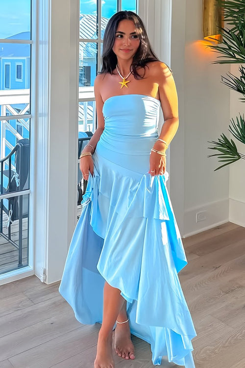 Unique Strapless Light Blue Elastic Satin Irregular Hem Long Prom Dress