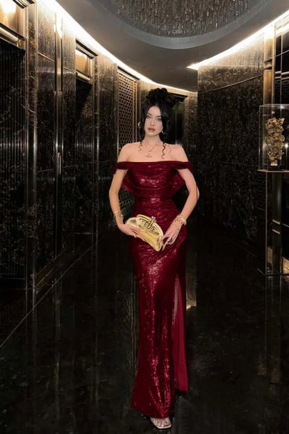 Champagne Solid Sequins Split Prom Dress