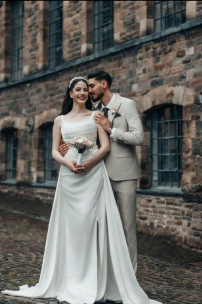 Romantic A-Line Spaghetti Strap Square Sleeveless Satin Wedding Dress