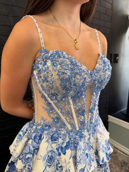 A Line Sweetheart Corset Prom Dresses Long Chiffon Ruffle Beaded Party Dress with Slit