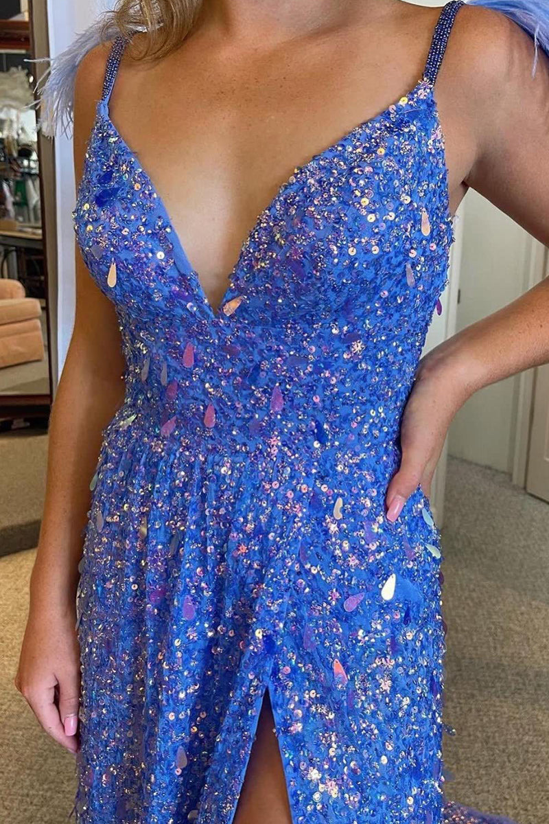 A-Line V Neck Blue Sequins Long Prom Dress with Slit