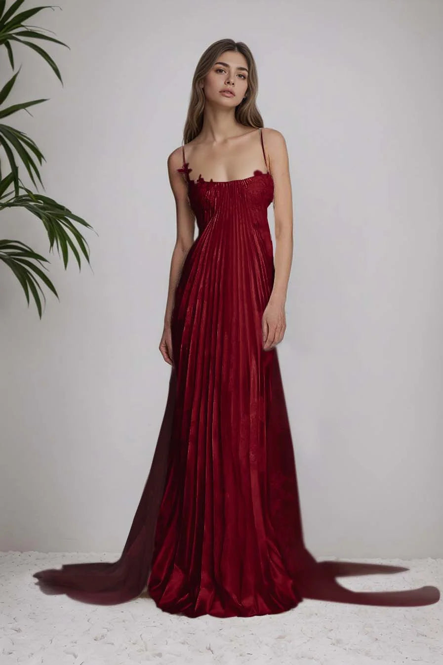 Stunning Spaghetti-Straps Pleated Sheath Appliques Prom Dress With Detachable Train