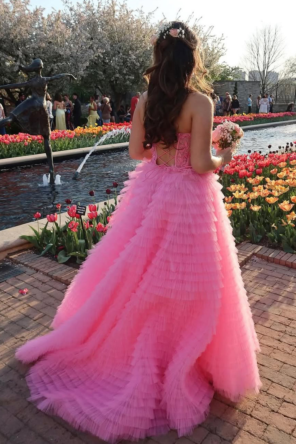 Pink Tiered Tulle Prom Dress with Slit